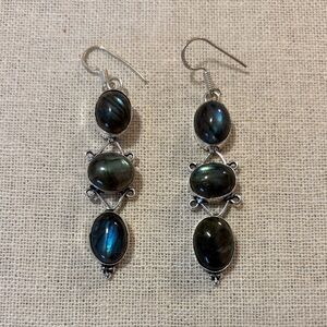 Labradorite Triple Stone Drop Earrings - Silver Tone